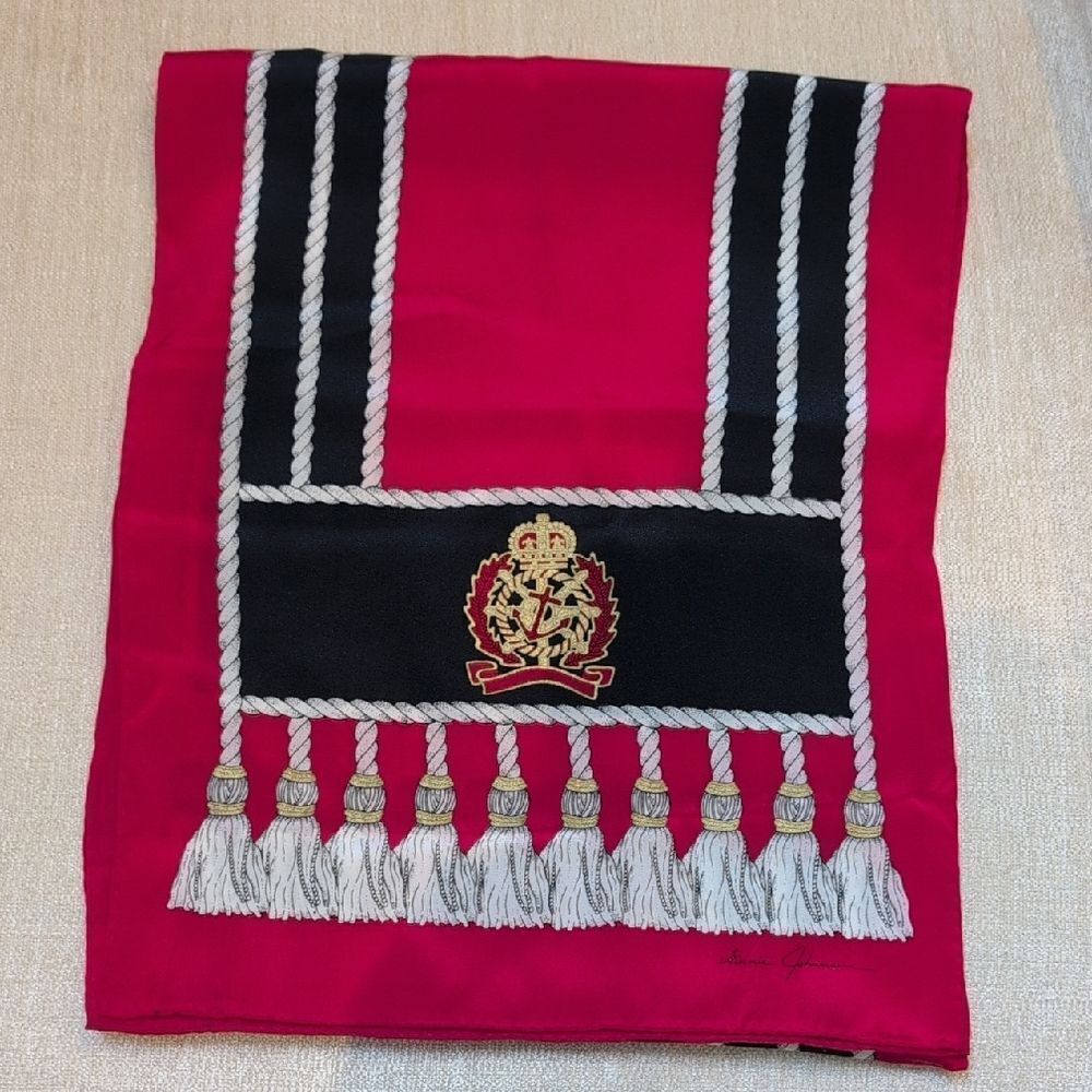 Vintage Ginnie Johansen Red & Navy Silk Scarf with a Nautical Crest Signed
